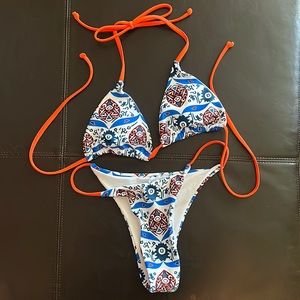 Blue and orange cheeky bikini